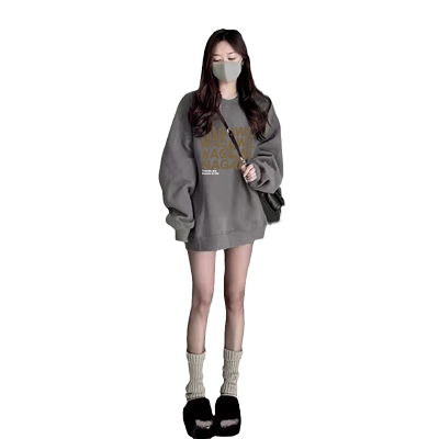 圆领无帽卫衣女秋冬款欧货中长款遮屁股oversize上衣加绒加厚秋冬