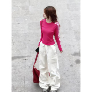 装 棉质打底衫 短款 纯色T恤长袖 上衣服潮ins 修身 多巴胺玫红色春秋季