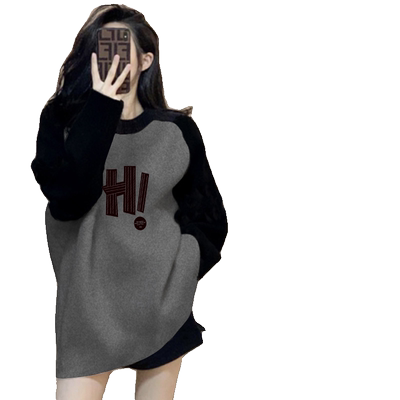 中长款撞色插肩袖t恤女遮屁股打底衫秋冬磨毛内搭配鲨鱼裤的上衣