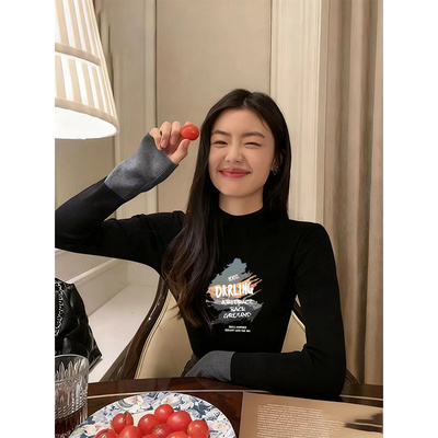 德绒磨毛半高领打底衫女秋冬大衣内搭加厚保暖设计感修身长袖上衣