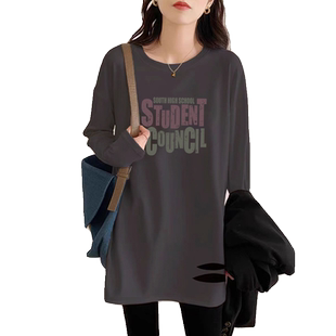 欧货灰色磨毛纯棉打底衫女秋冬中长款宽松圆领破洞版显瘦长袖t恤