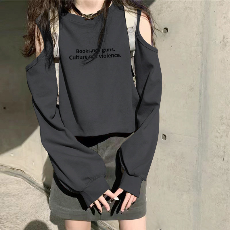 纯色圆领漏肩长袖T恤女2025秋季新款韩版小个子休闲百搭印花上衣