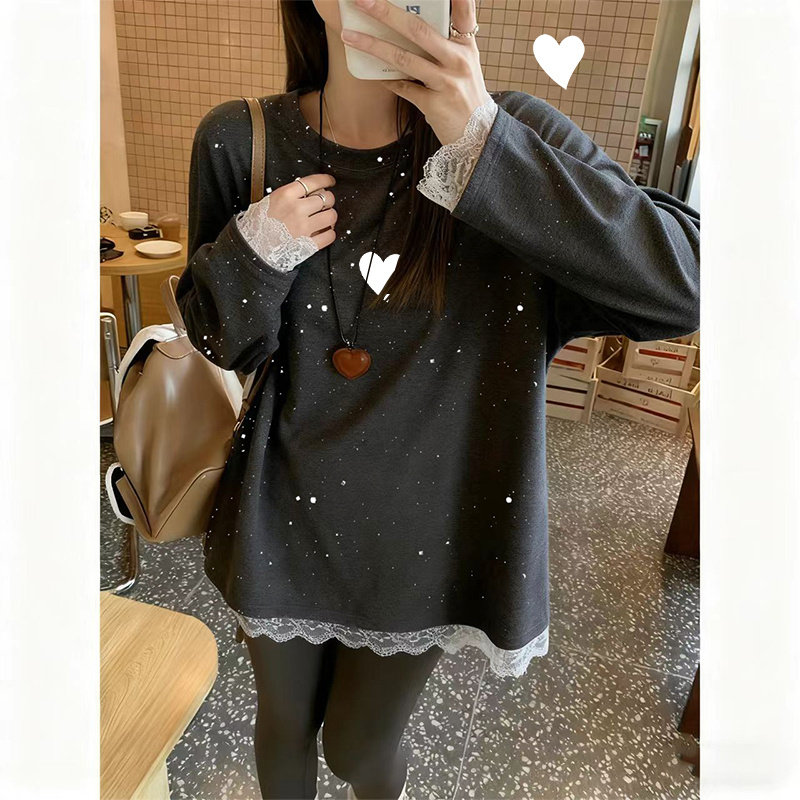 小香风花边假两件下摆加厚叠穿上衣女冬季长袖细闪绝美内搭打底衫