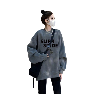 oversize灰色卫衣女正肩无帽小个子2022新款中长款圆领秋冬加绒冬