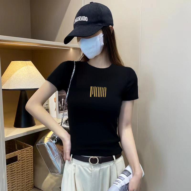 纯欲黑色显瘦正肩圆领短袖t恤女夏季时尚性感辣妹修身收腰上衣女