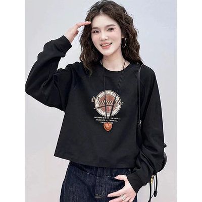 美式短款插肩黑色圆领卫衣女小个子2025春秋新款复古正肩长袖上衣