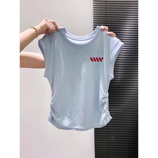 T恤女2025夏辣妹短上衣 甜辣风褶皱设计感收腰正肩圆领雪花棉薄款