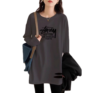 秋冬新款灰色打底衫女内搭中长款宽松百搭大码破洞长袖t恤上衣潮