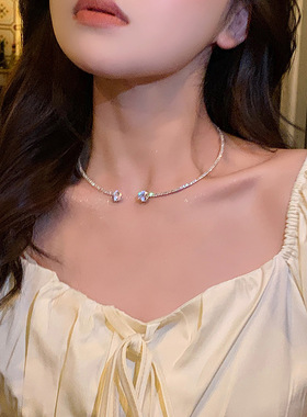 奥特莱斯撤柜超闪锆石爱心锁骨链女轻奢小众设计感满钻choker开口