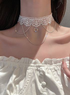 奥特莱斯撤柜白色蕾丝流苏项链女2025年新款潮轻奢小众设计感锁骨