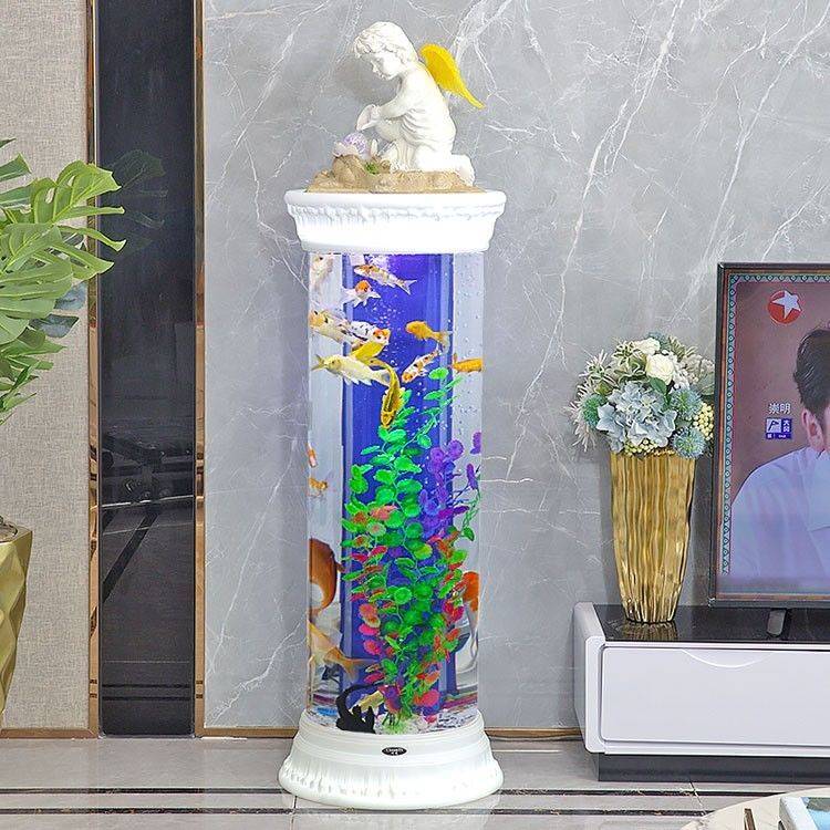 厂家落地式圆柱形圆筒柱体亚克力鱼缸流水雾化生态过滤增氧水族箱