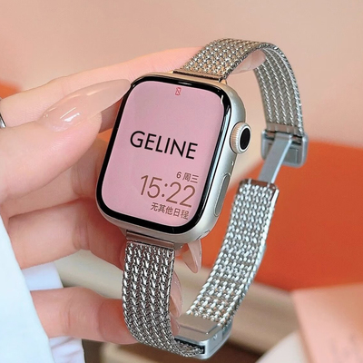 适用AppleWatchS11麦穗磁吸卡扣表带苹果手表S10透气腕带iwatch9新款金属8/7高级感小蛮腰细款SE代精致女款夏