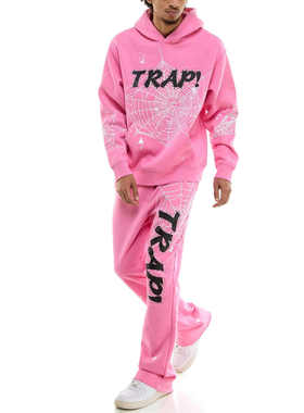 KDNK 新款美式复古蜘蛛网印花烫钻卫衣男女同款宽松休闲套装