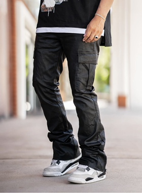 KDNK美式修身亮面涂层全棉微弹口袋牛仔微喇叭男裤-KND4596