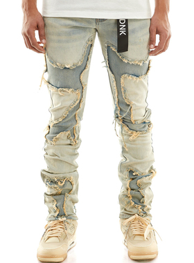 KDNK美式牛仔裤修身拼接破洞设计感立体贴布潮流微弹高街男裤4552