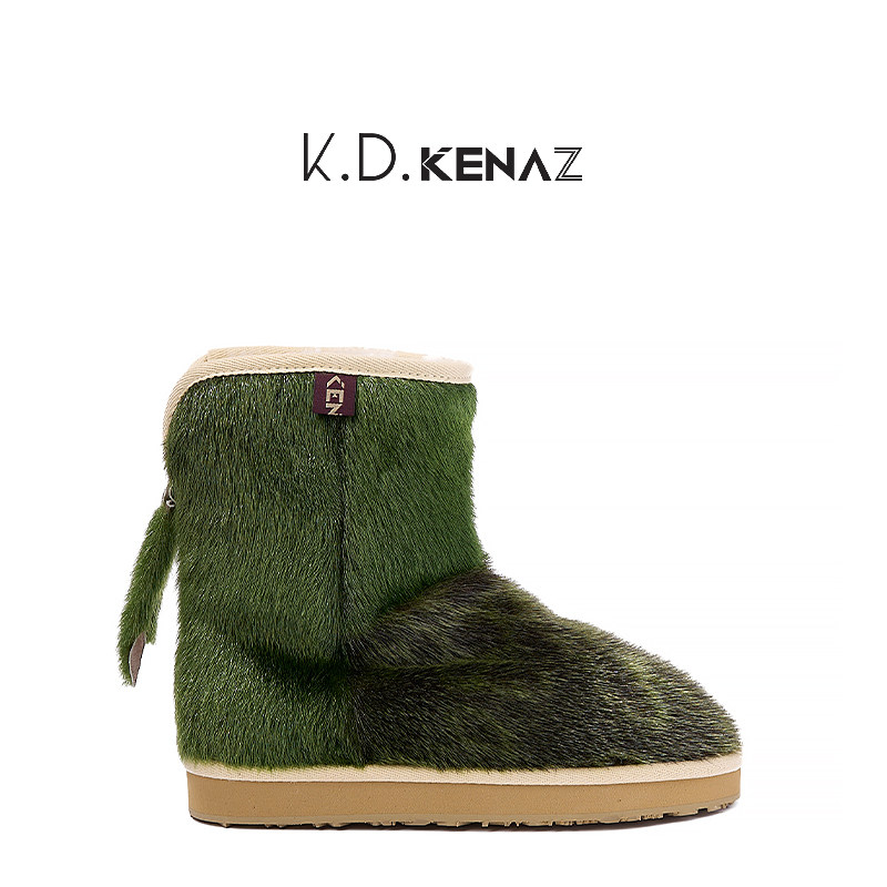 d.kenaz小众防水真皮海豹皮加厚羊皮毛一体雪地靴墨绿色小怪兽