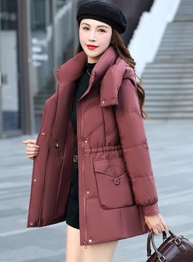 玛古芭红色收腰羽绒服女2025冬季新款大码妈妈小个子白鸭绒中长款