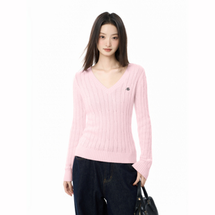 iiiamX粉色v领正肩毛衣女秋冬季内搭修身打底衫高级感针织衫上衣