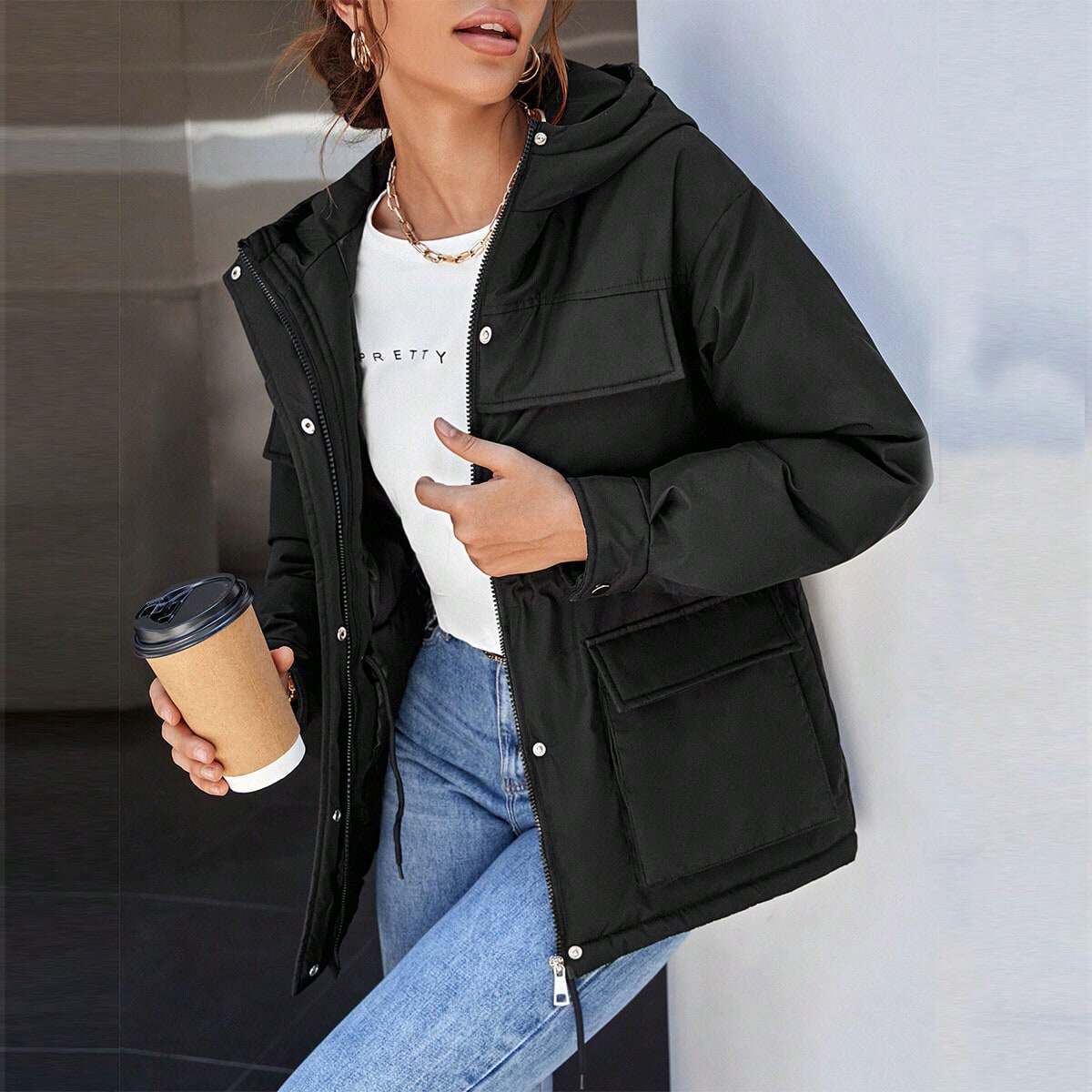 SHEIN正品女士翻盖口袋落肩抽绳腰带连帽冬装棉服秋季外套