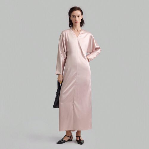 SHEIN正品女士纯色V领长袖真丝简约连衣裙休闲日常