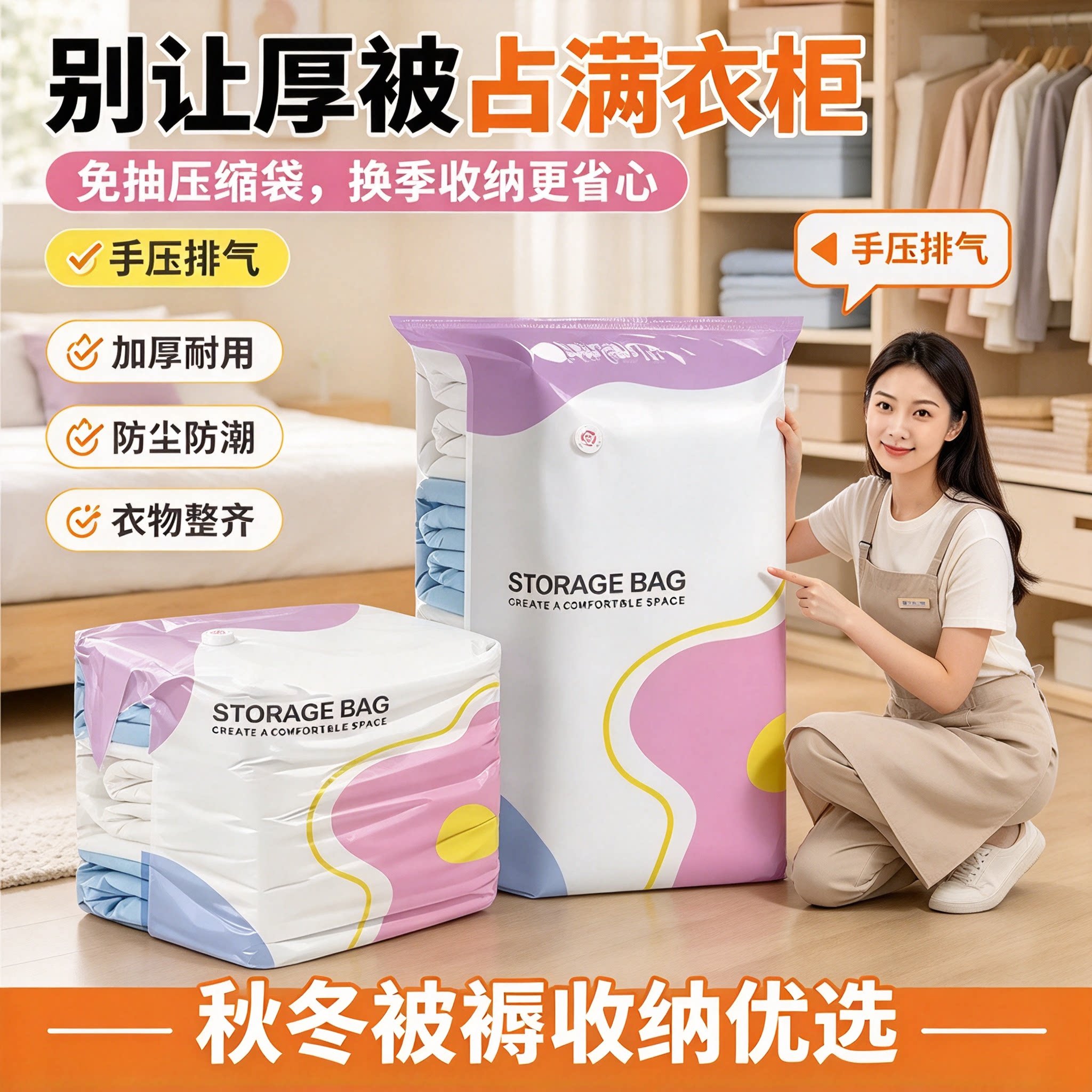 立体免抽气真空压缩袋收纳袋衣服被子专用棉被衣物羽绒服加厚袋子