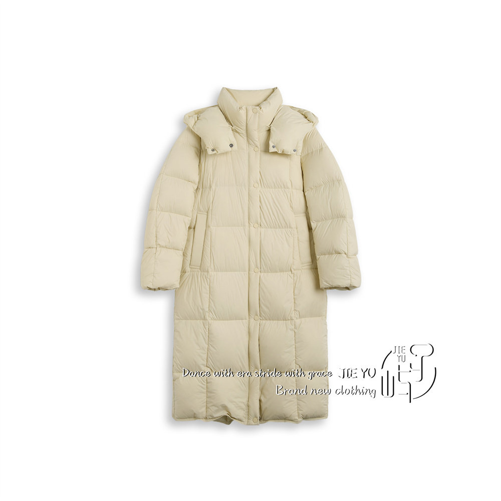 孑屿JIEYU 2025冬季新款连帽宽松长款豆腐块白鹅绒羽绒服