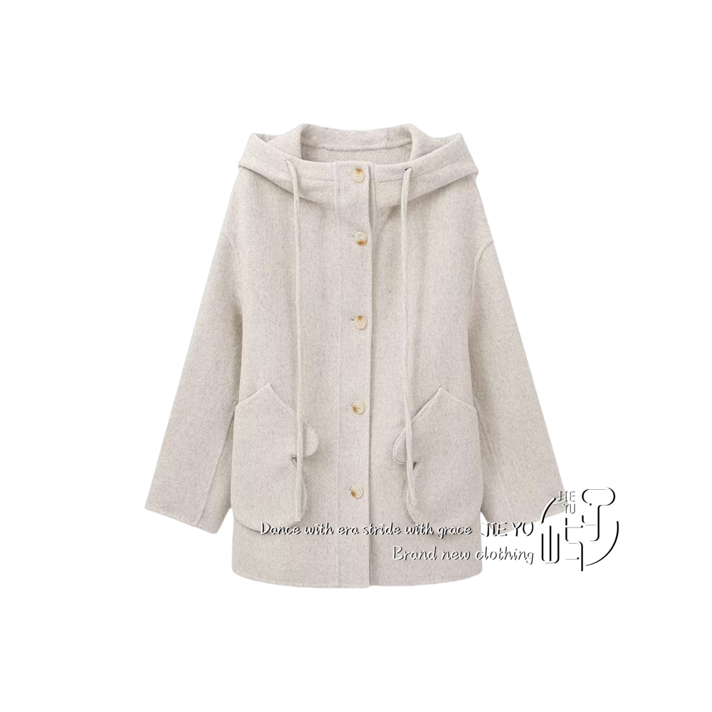 孑屿JIEYU 冬季气质韩版连帽洋气口袋时尚百搭毛呢短外套