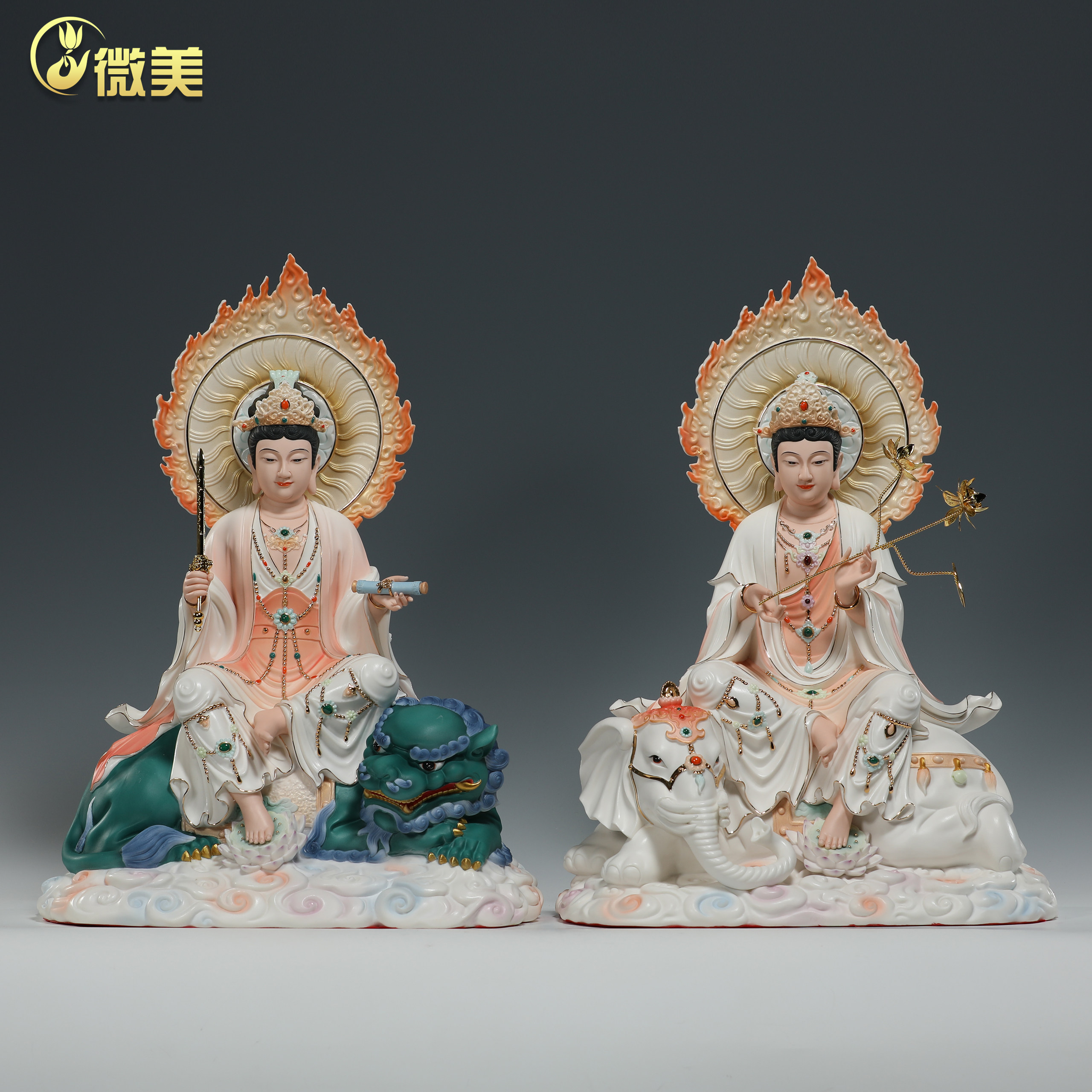 锵锵陶瓷12寸至19寸文殊普贤佛像家用装饰供奉华严三圣工艺品摆件