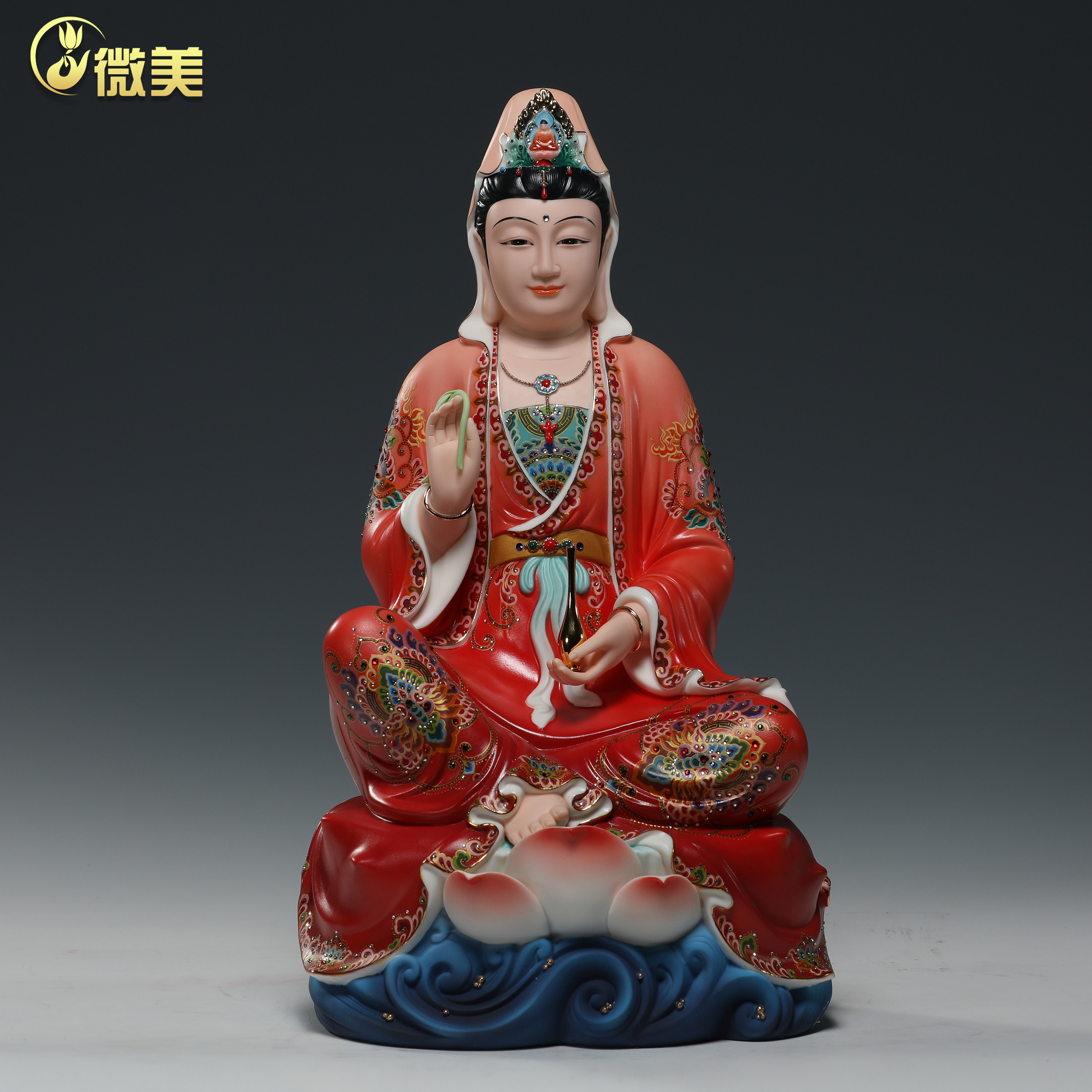 锵锵陶瓷12至18寸自在观音佛像精工彩绘观音菩萨家居供奉装饰摆件
