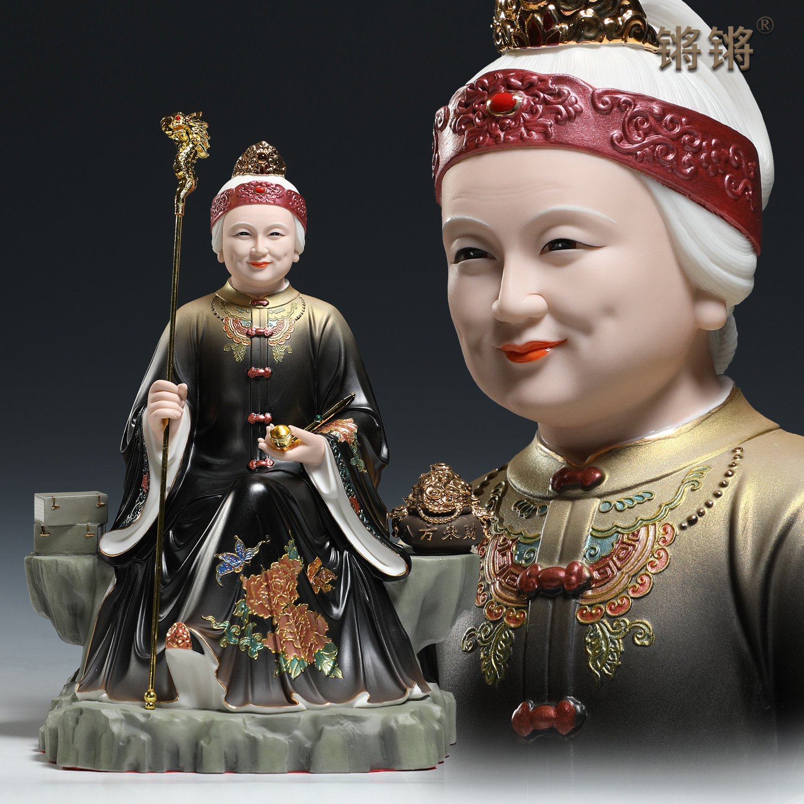 锵锵陶瓷12至19寸黑老太神像黑妈妈奶奶像家用供奉佛像四大家摆件