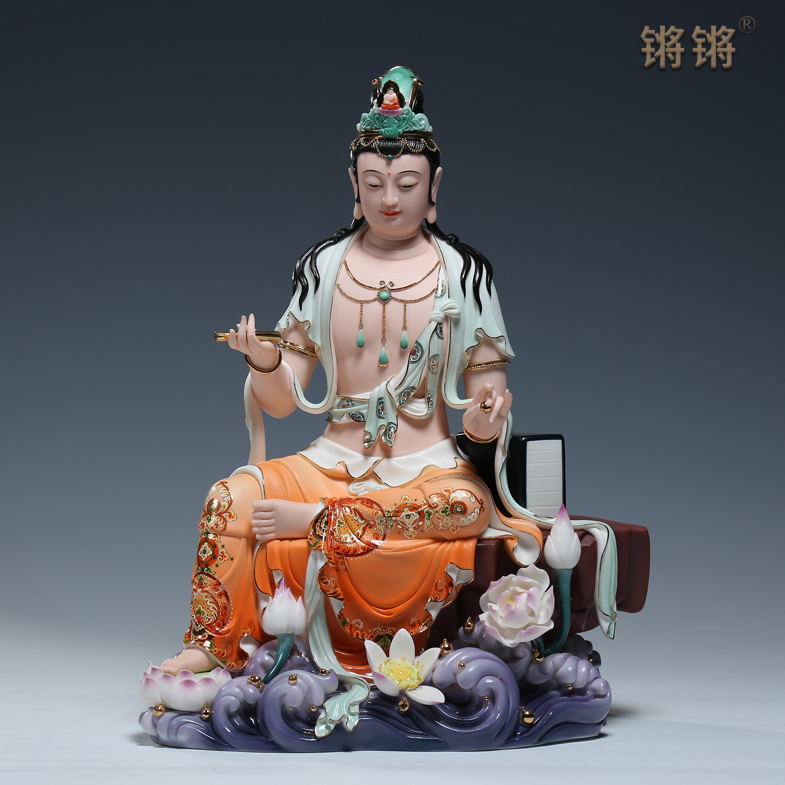 锵锵陶瓷16寸坐岩持经观音菩萨像高档彩绘艺术品佛像收藏品摆件