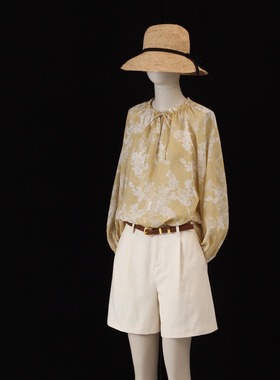 宽松清新法式纯苎麻印花褶皱圆领系带长袖上衣透气罩衫衬衫女新款