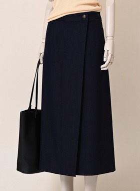 鸥柏琳自制 极简主义藏青色立裁褶皱设计通勤休闲开叉半身裙女