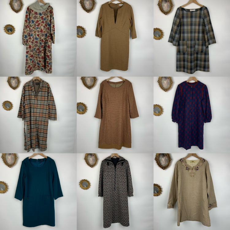 vintage古着日制羊毛连衣裙女士长款90年代修身长袖秋冬长裙-469