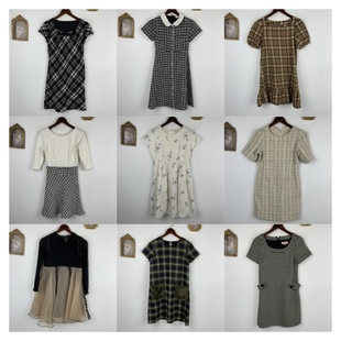 vintage古着日制羊毛连衣裙女士中长款短袖小香气质秋冬格纹裙459