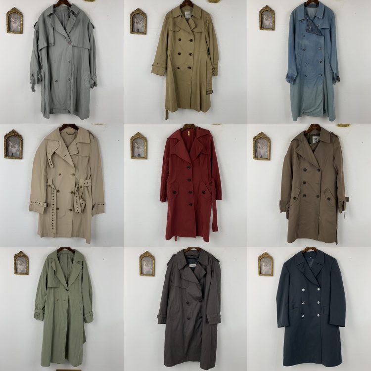 vintage古着日制女士长款港风廓形风衣长袖复古简约风衣外套-584