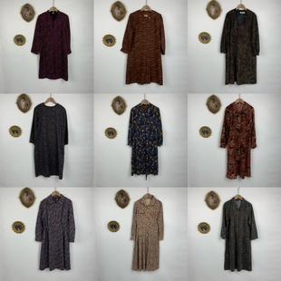 vintage古着日制羊毛连衣裙女士长款法式碎花宫廷风秋冬长裙782