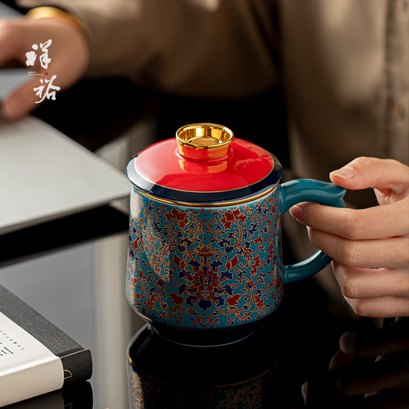 国风陶瓷茶水分离办公杯个人专用