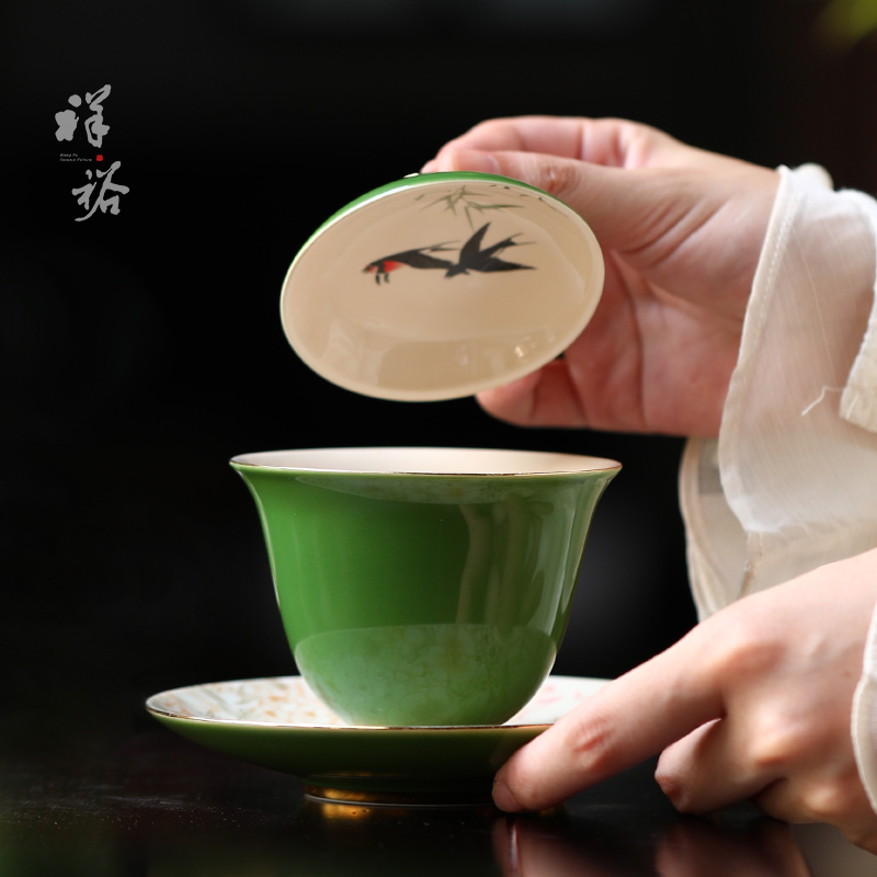 單個高檔陶瓷泡茶碗綠色三才蓋碗