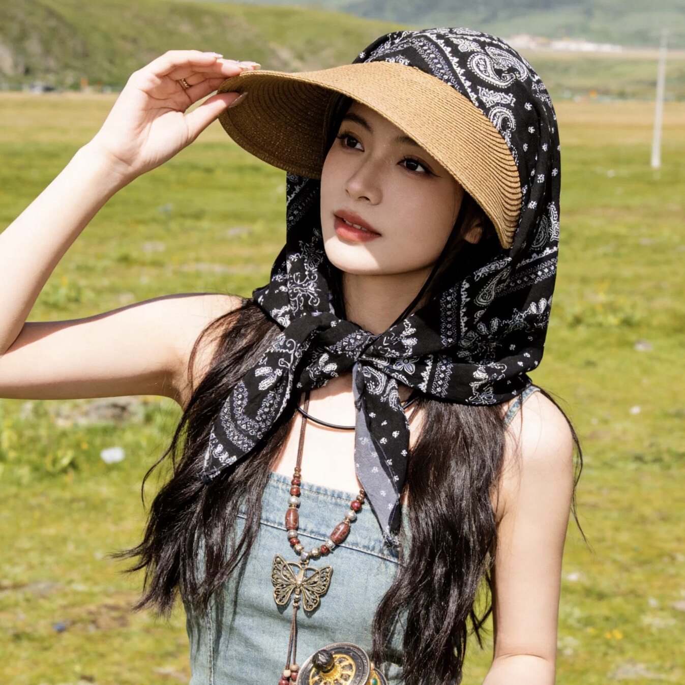 护颈一体草编头巾帽子女春夏季出游防紫外线防晒太阳帽户外采茶帽
