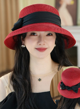 法式赫本风渔夫帽子女士2026新款春夏海边度假草帽蝴蝶结优雅礼帽
