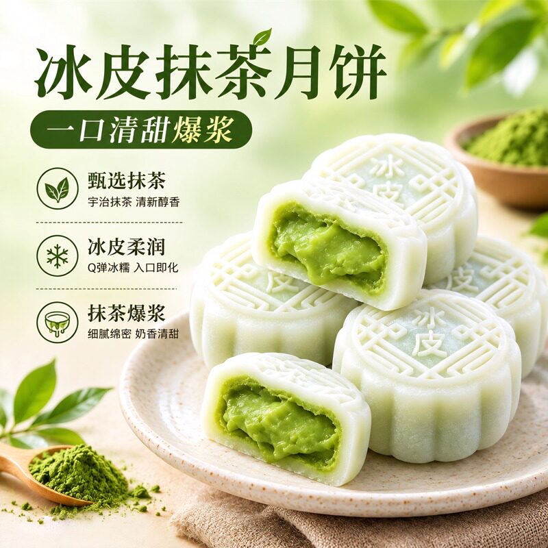 龙井抹茶月饼冰皮月饼爆浆中秋送礼水晶冰皮榴莲月饼官方旗舰店