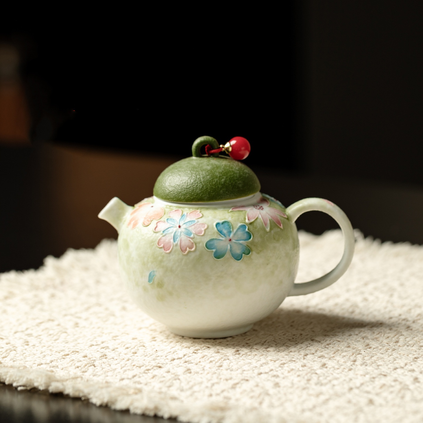 复古小青柑手绘繁花陶瓷茶壶