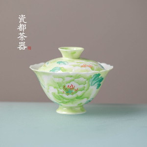 瓷都手绘牡丹花口盖碗不烫手