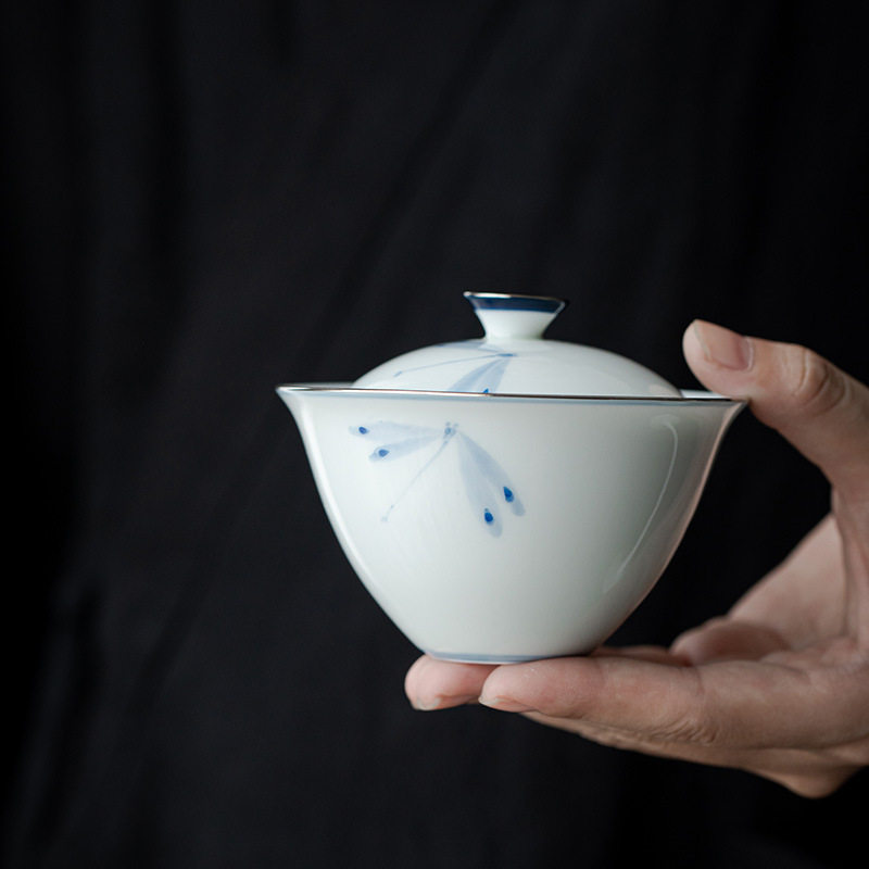 中国风手绘蜻蜓陶瓷盖碗 釉下彩 德化白瓷功夫茶具防烫泡茶碗茶杯