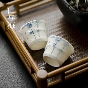 白瓷竹节陶瓷茶杯兰花功夫茶具手绘青花竹逸品茗杯家用竹子单杯