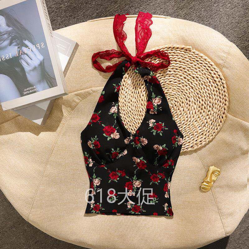 复古碎花系带挂脖吊带背心女夏胸垫美背文胸一体辣妹上衣旅游穿搭