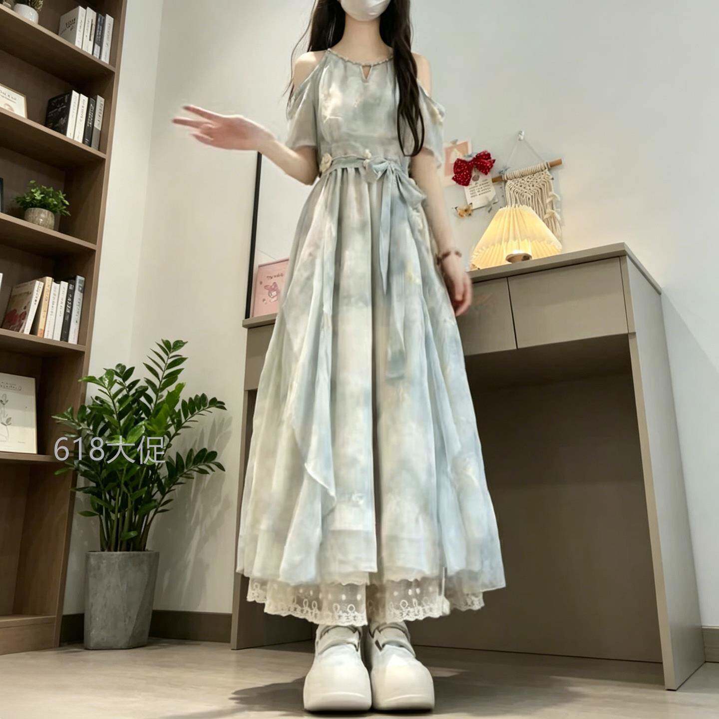 少女甜美露肩系带收腰洋装2026夏装新款初高中学生荷叶边A字裙