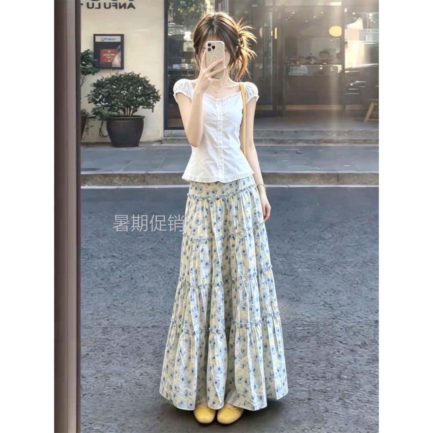 2026新款小个子甜美一整套连衣裙子女夏季白衬衫碎花蛋糕裙两件套