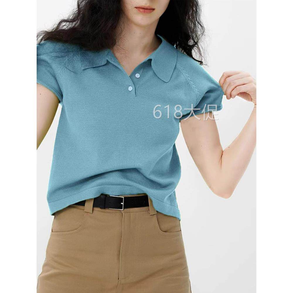 蓝色polo领正肩短袖t恤女夏季高级感美式宽松针织衫短款翻领上衣
